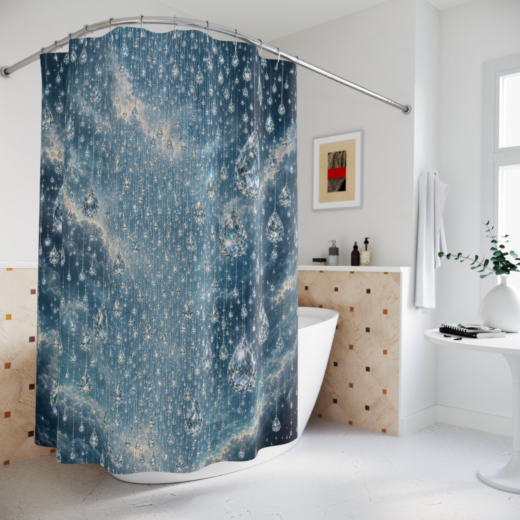 Unique Blue Shower Curtain, Crystal Rain Droplet Art, Sparkling Icy Bathroom Decor, Cool Abstract Guest Bath Wall Accent Gift For Home