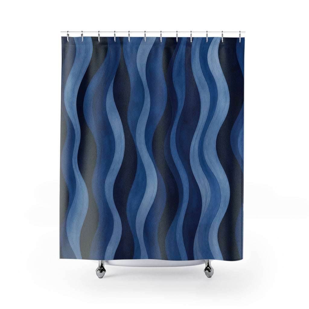 Navy Cobalt Ripple Stripe Shower Curtain
