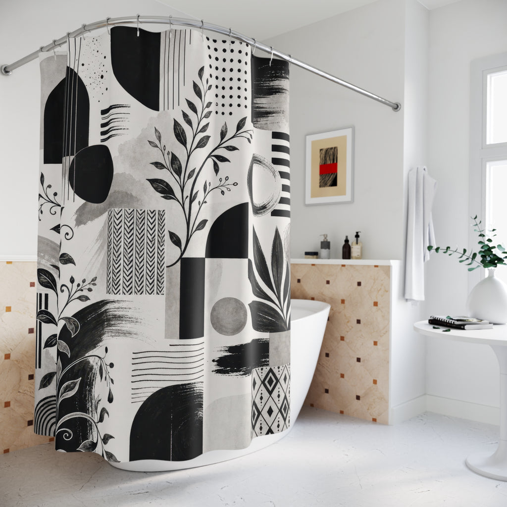 Black White Geometric Floral Shower Curtain