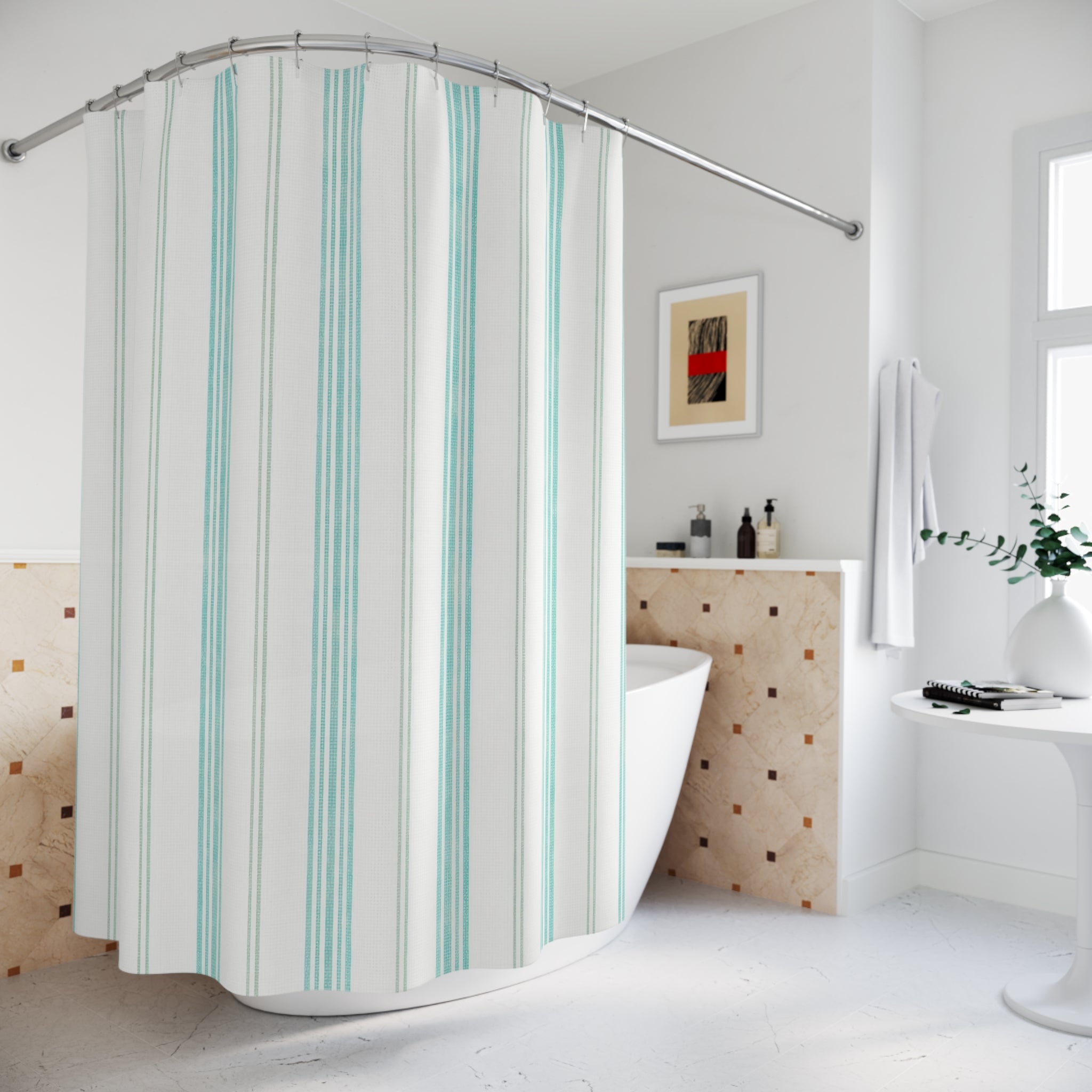 Aqua Teal Ticking Stripe Shower Curtain