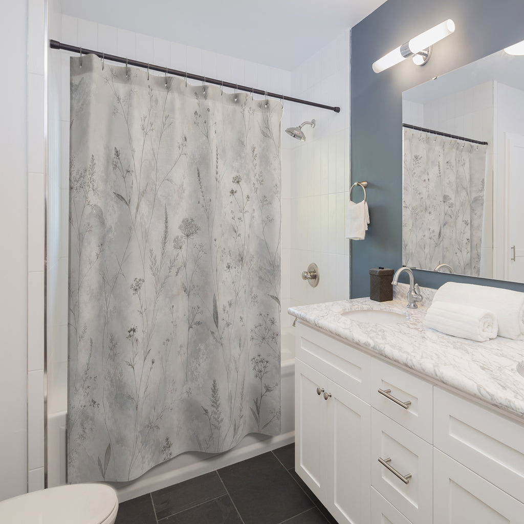 Gray Floral Botanical Shower Curtain