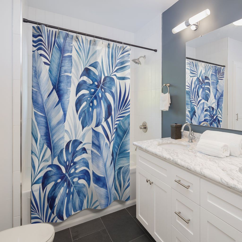 Blue Tropical Leaf Shower Curtain, Blue White Coastal Bathroom Decor, Tropical Leaf Bath Curtain, Guest Bath Decor, Small Bathroom Decor