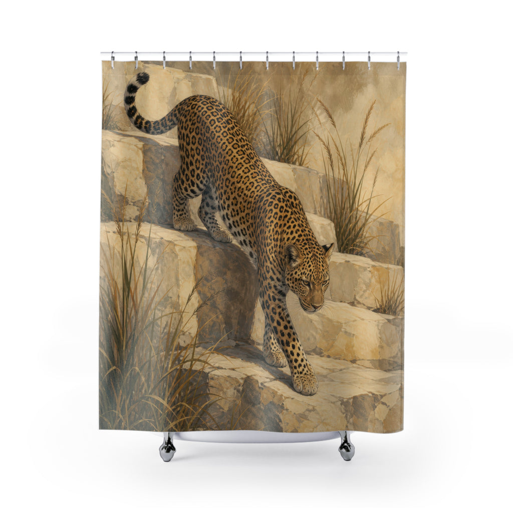Golden leopard on sandstone steps shower curtain with full front view