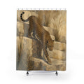 Golden leopard on sandstone steps shower curtain with full front view