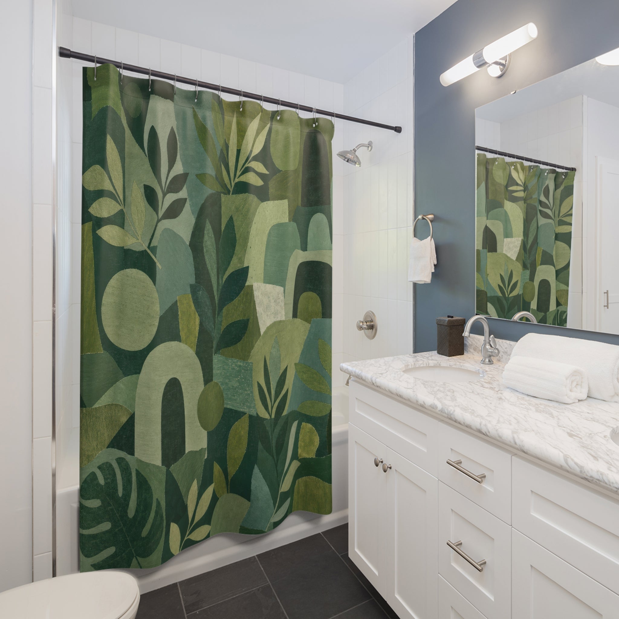 Green Boho Shower Curtain, Botanical Collage Bath Decor, Arch Leaf Pattern, Modern Abstract Guest Bathroom Decor, Earthy Style