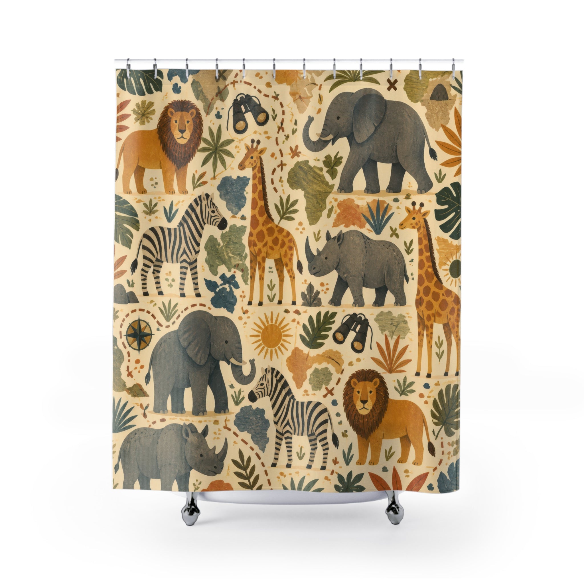 Safari Animal Shower Curtain, Neutral Kids Bathroom Decor, Lion Elephant Bath Curtain, Boys Bathroom Decor, Jungle Style, Playful Style
