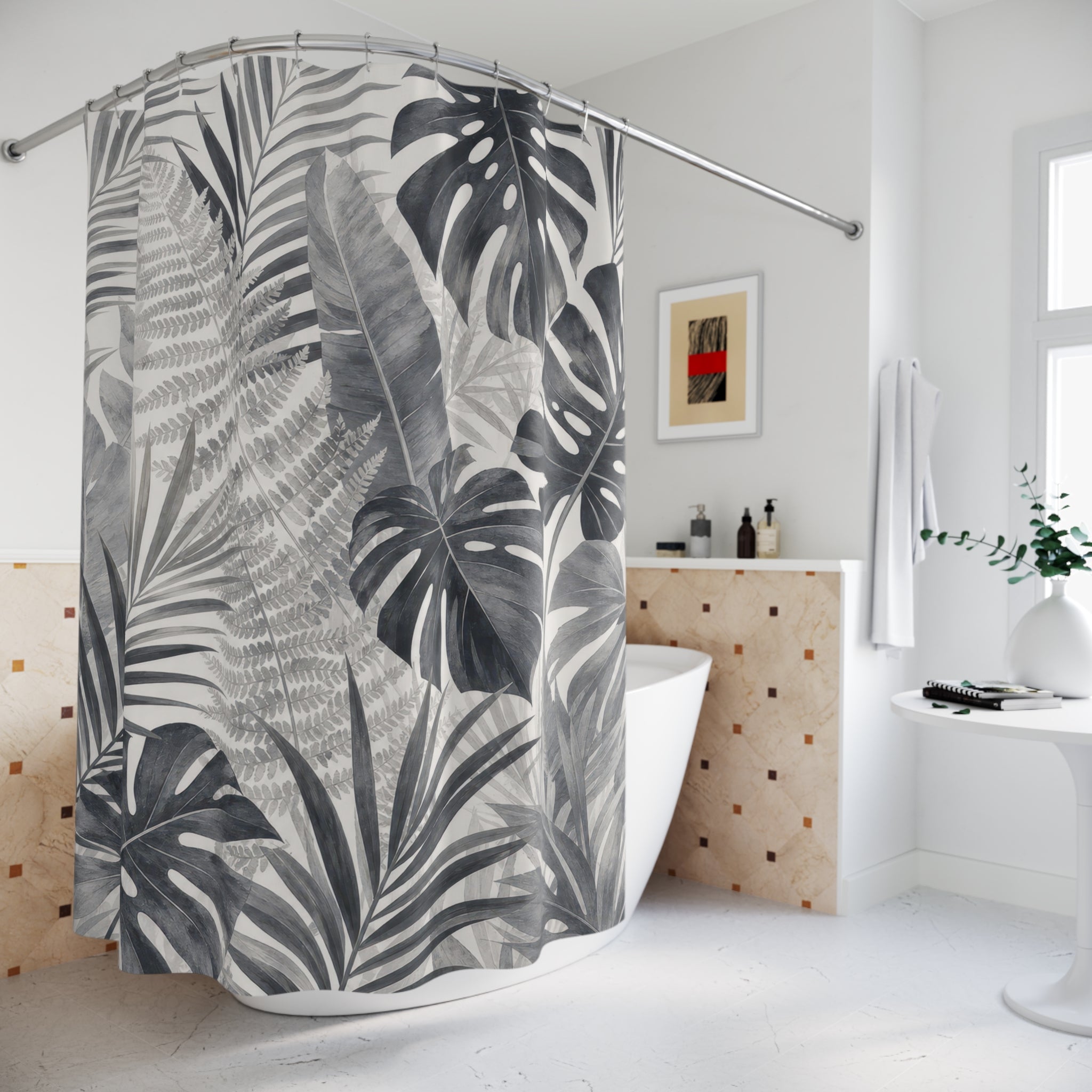 Gray Palm Leaf Tropical Shower Curtain