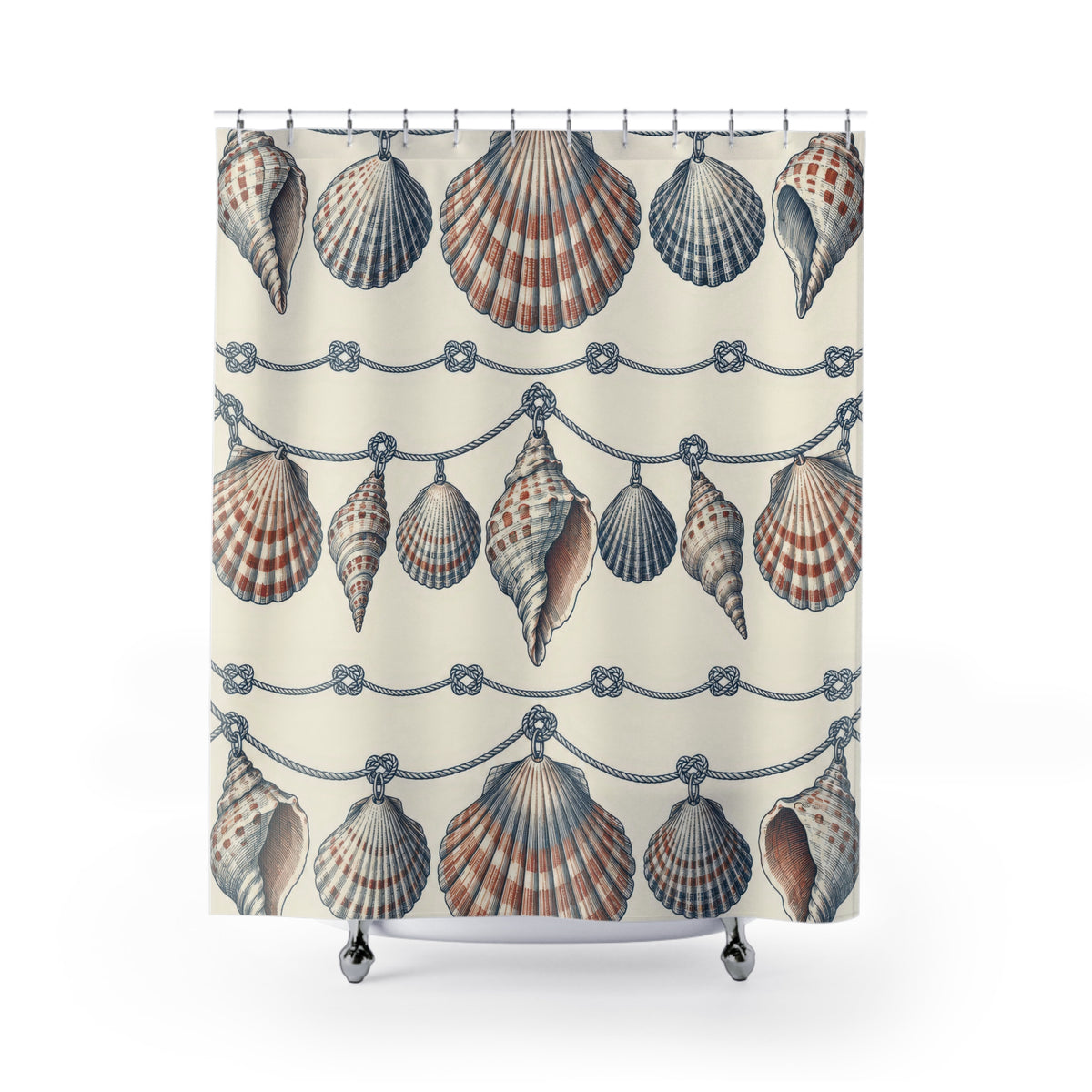 Navy and rust shell garlands with navy knots on ivory shower curtain with full front view