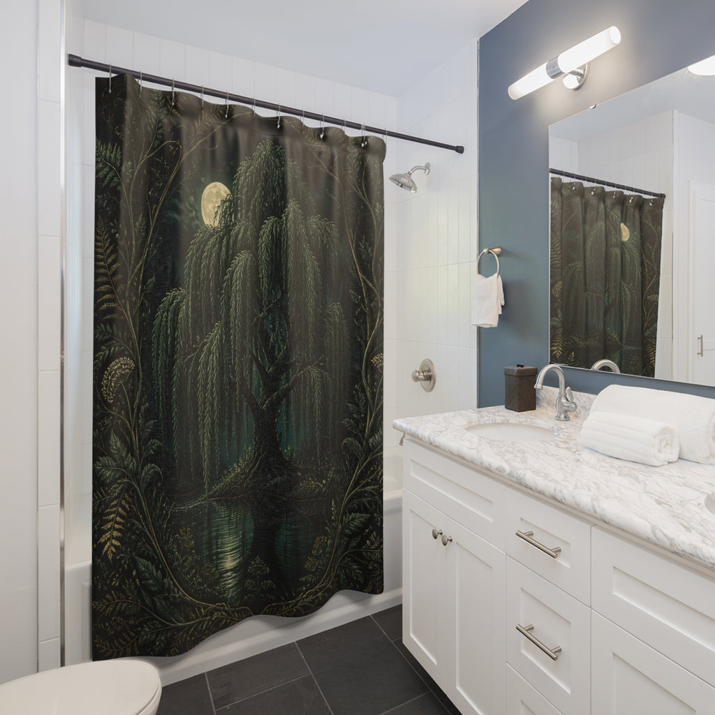 Moonlit willow tree and pond in a botanical frame shower curtain beside a white vanity