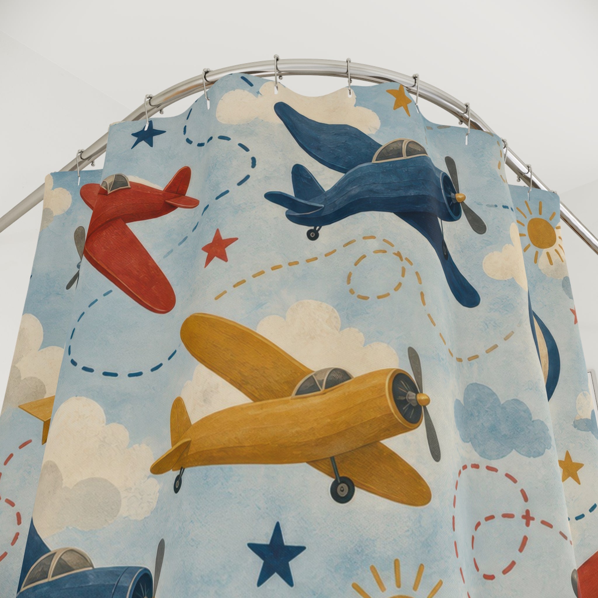 Airplane Shower Curtain, Sky Blue Kids Bathroom Decor, Plane Pattern Bath Curtain, Boys Bathroom Decor, Travel Theme, Bath Decor, Guest Bath