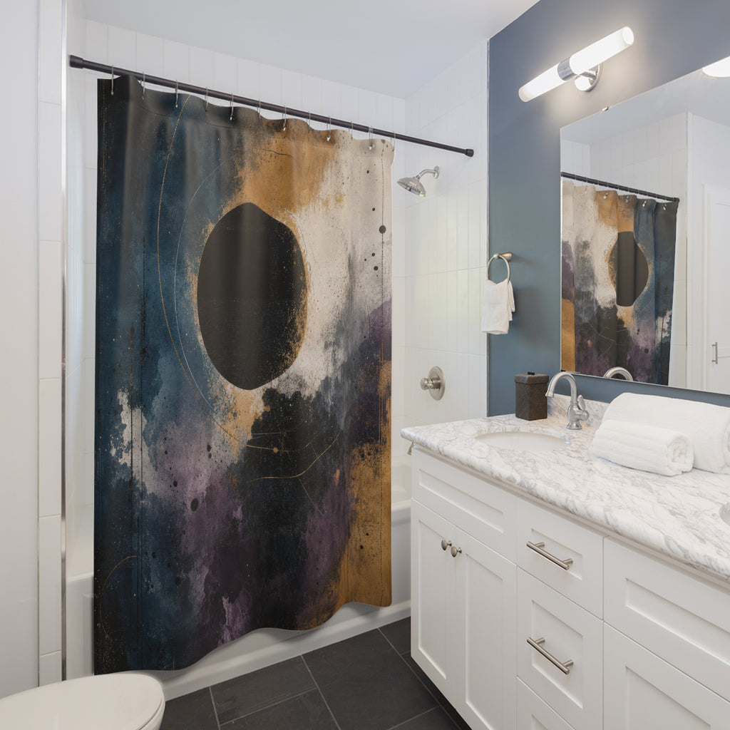 Abstract Shower Curtain, Black Eclipse Art, Grey Purple Gold Bathroom Decor, Celestial Modern Art, Moody Minimalist Bath, Dark Guest Bath