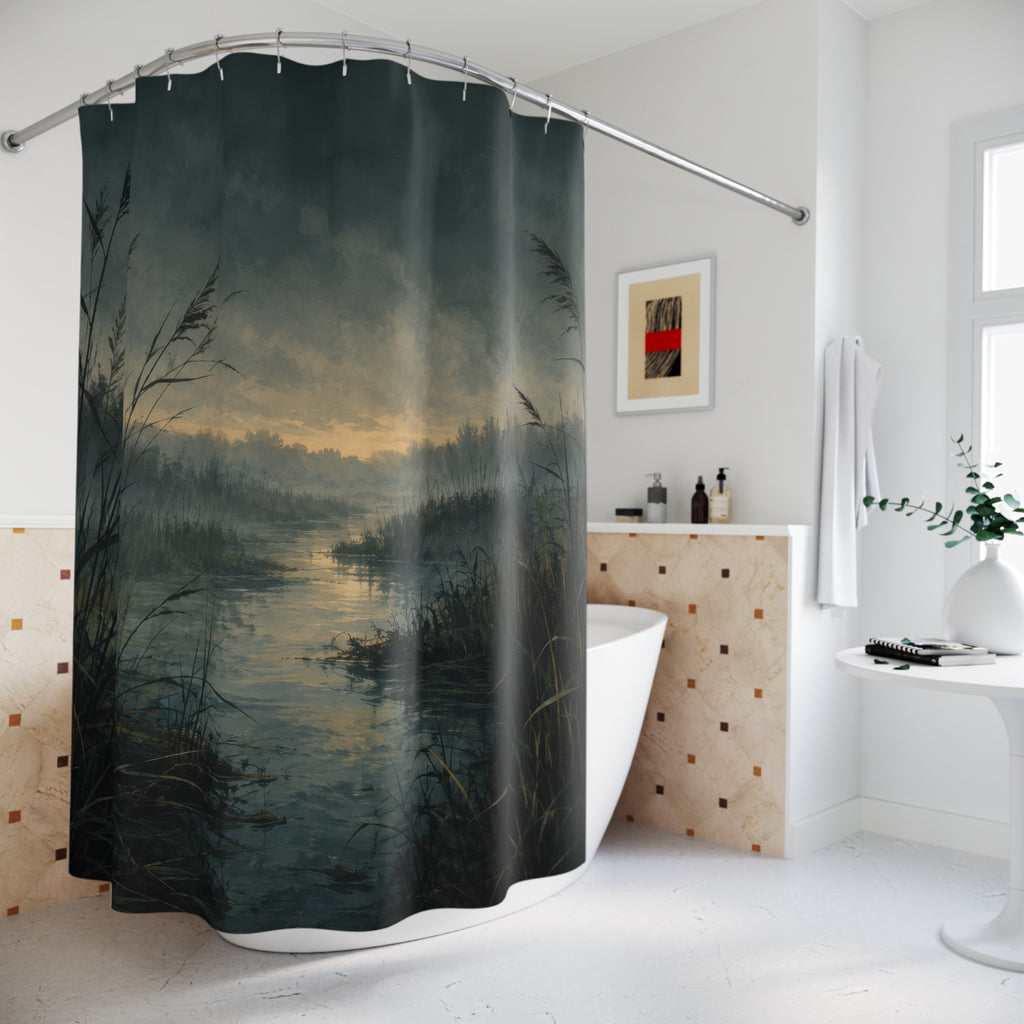Twilight marsh with dark reeds and a misty pale waterway shower curtain beside a freestanding tub