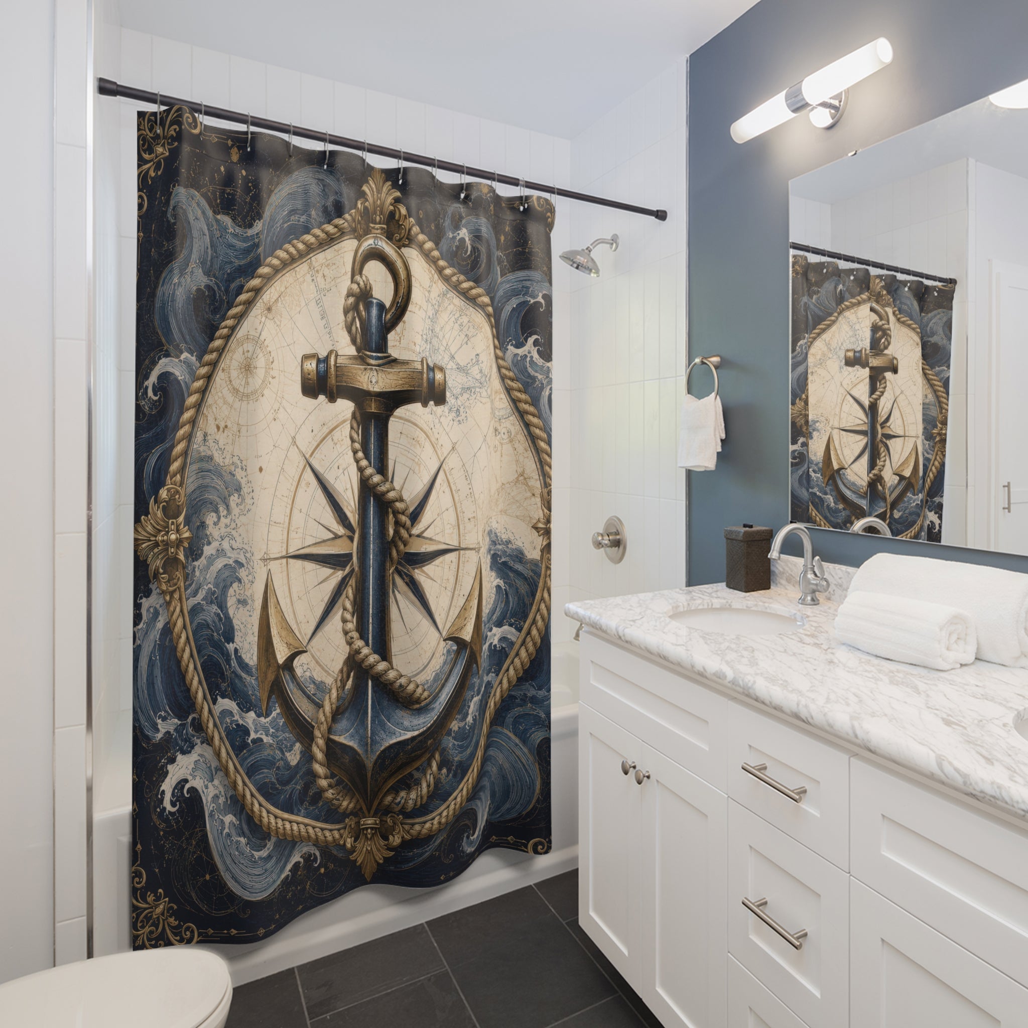 Navy Nautical Anchor Shower Curtain