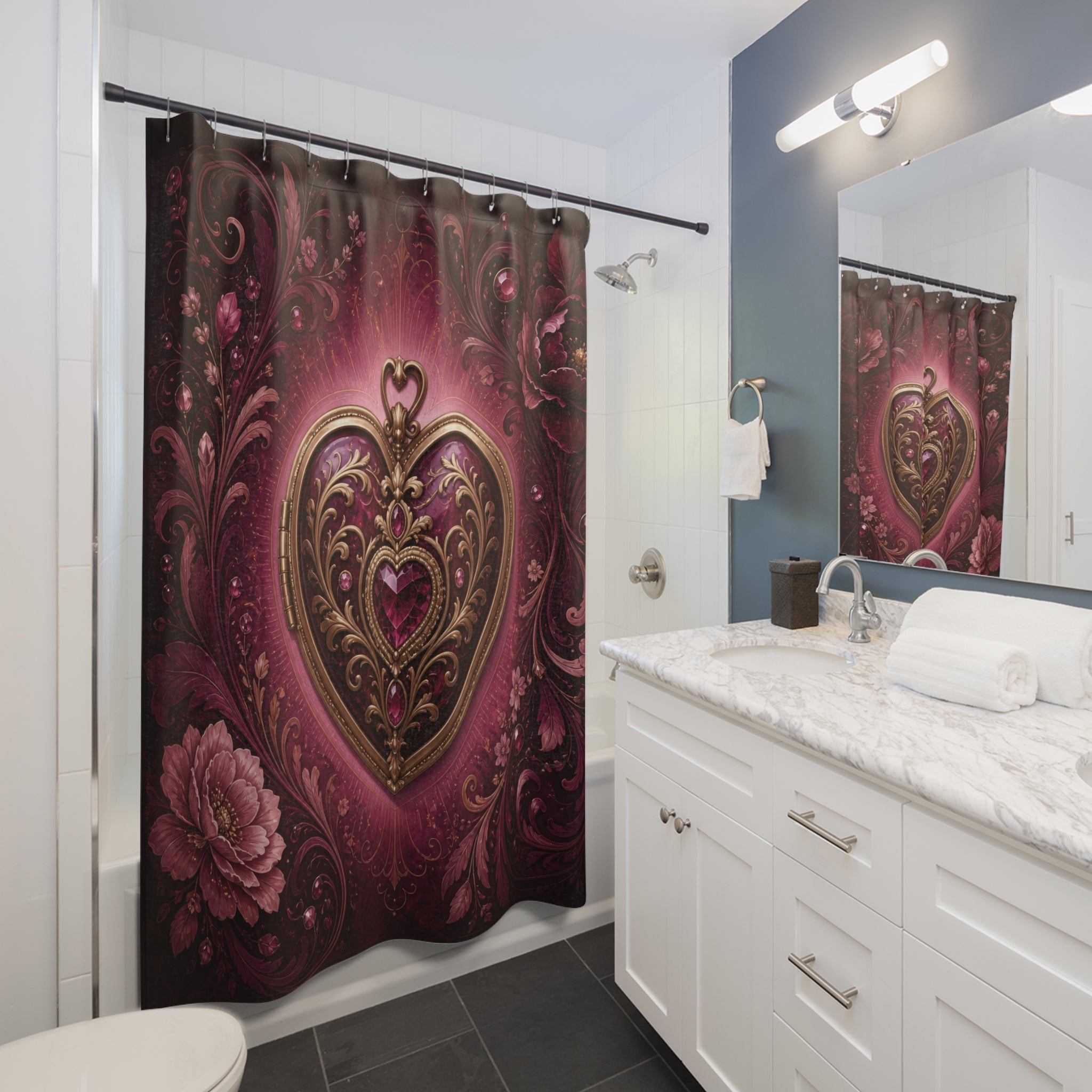 Ornate jeweled heart framed by burgundy flowers and scrollwork shower curtain beside a white vanity