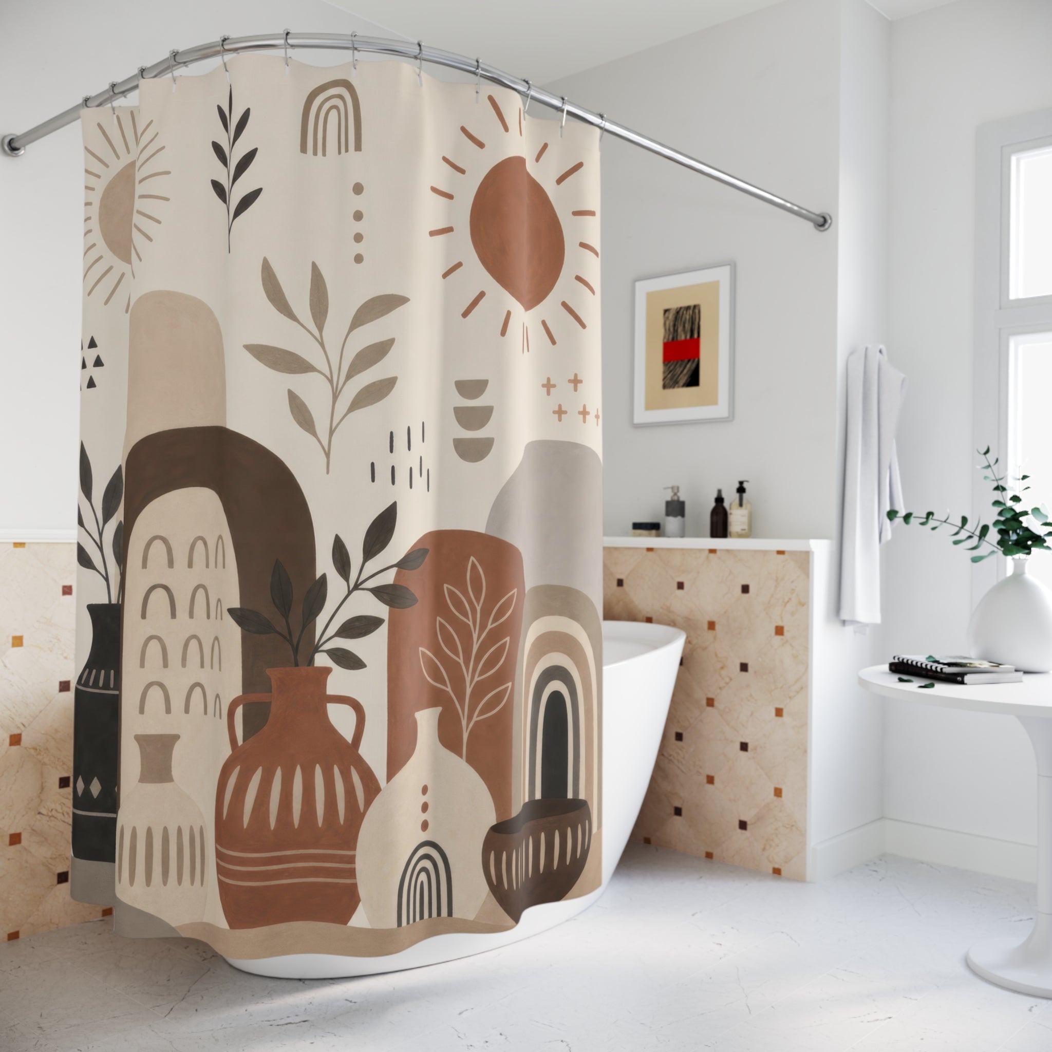 Neutral Boho Shower Curtain, Terracotta Arch and Clay Vessel Art