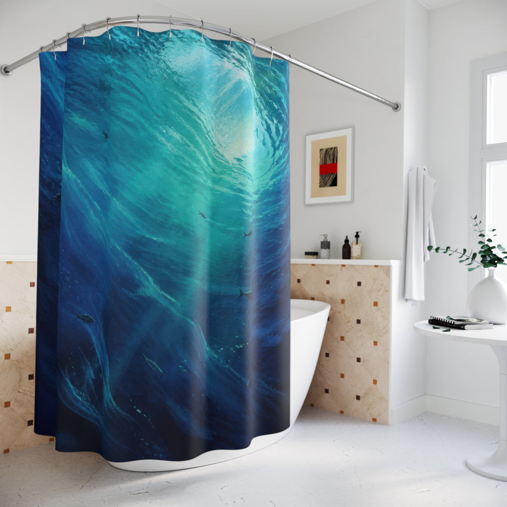 Deep indigo underwater currents with turquoise sunlight shower curtain beside a freestanding tub