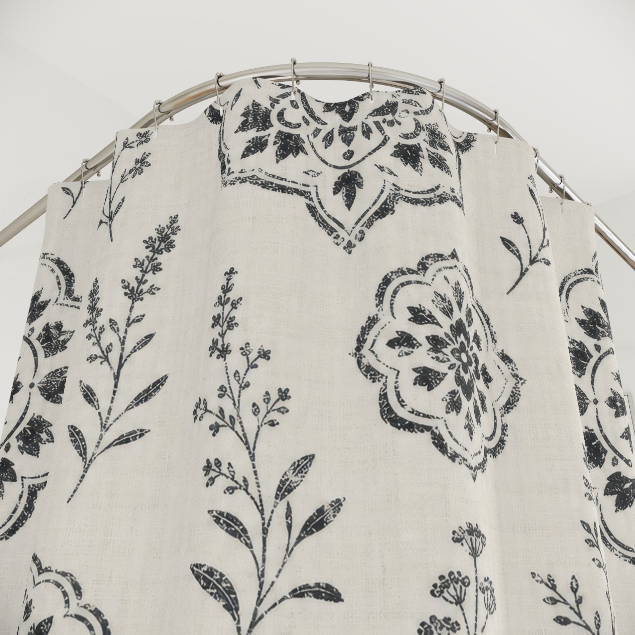 Black White Botanical Medallion Farmhouse Shower Curtain