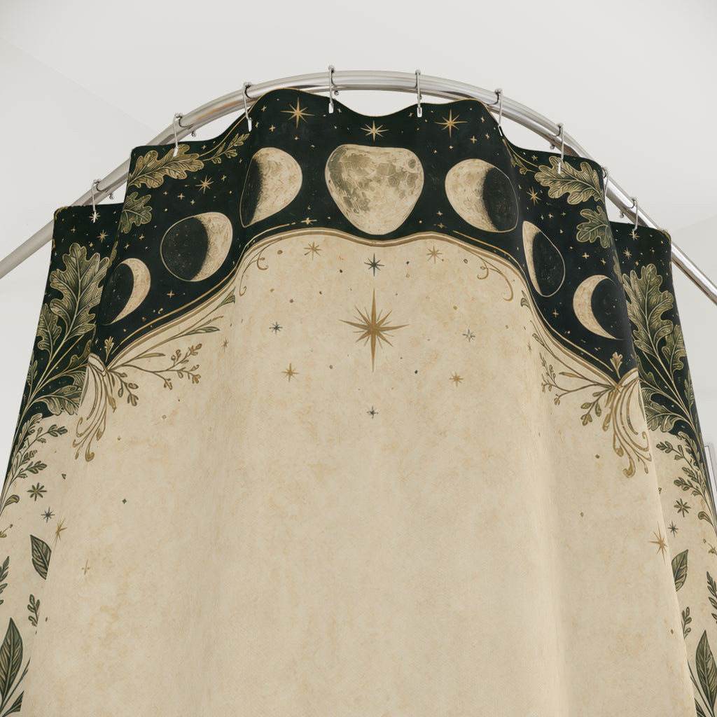 Moon Phase Border Shower Curtain, Forest Green Botanical Bath Decor, Pagan Inspired Oak Fern Frame, Celestial Guest Bathroom Decor
