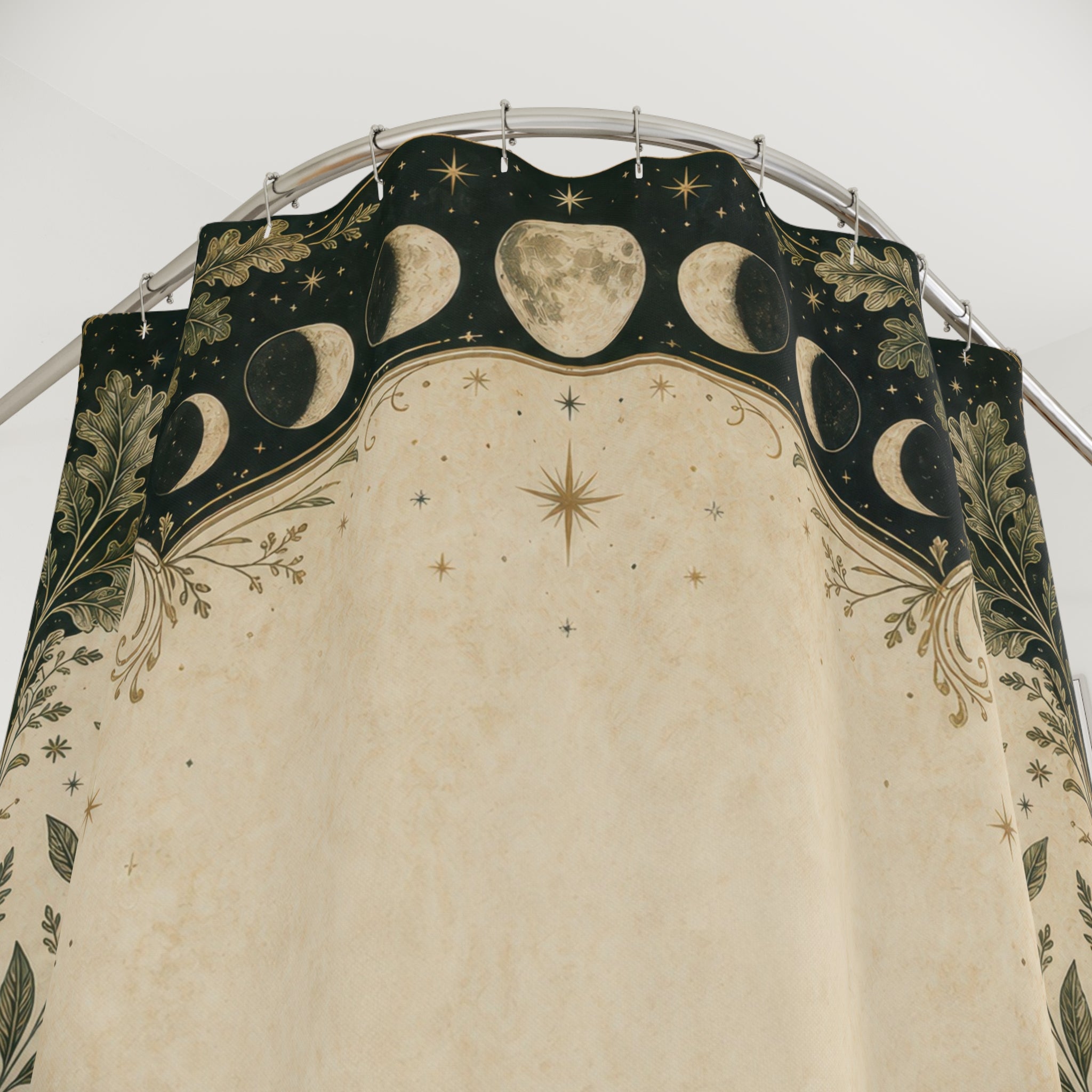 Moon Phase Border Shower Curtain, Forest Green Botanical Bath Decor, Pagan Inspired Oak Fern Frame, Celestial Guest Bathroom Decor