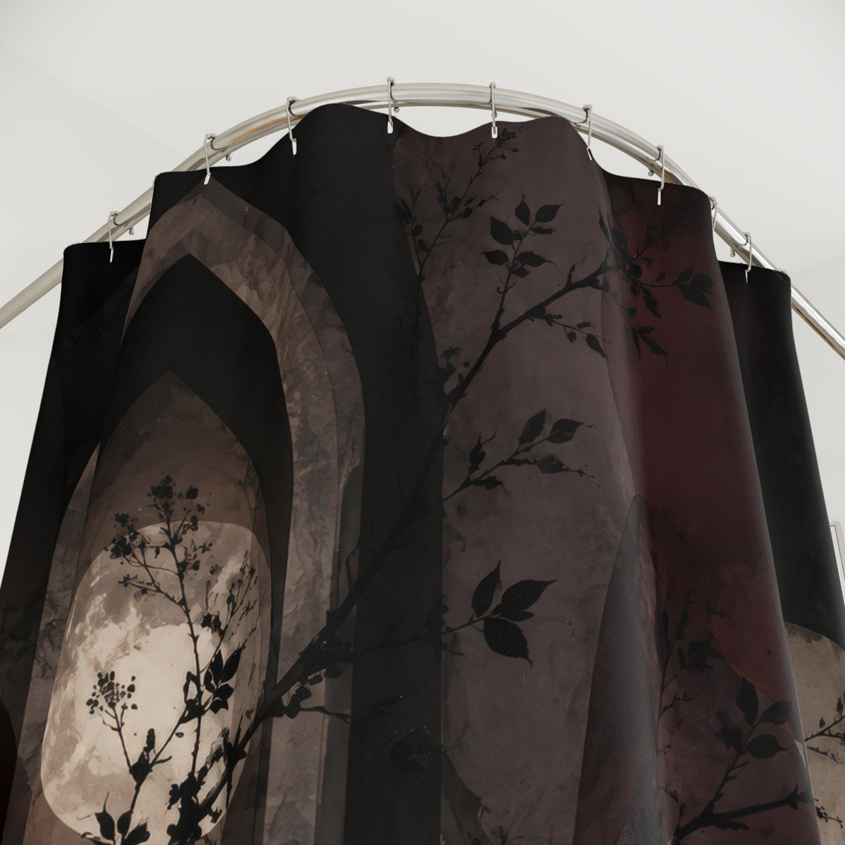 Blackthorn branches crossing oxblood and mauve pointed arches shower curtain with close-up print, hooks, and folds