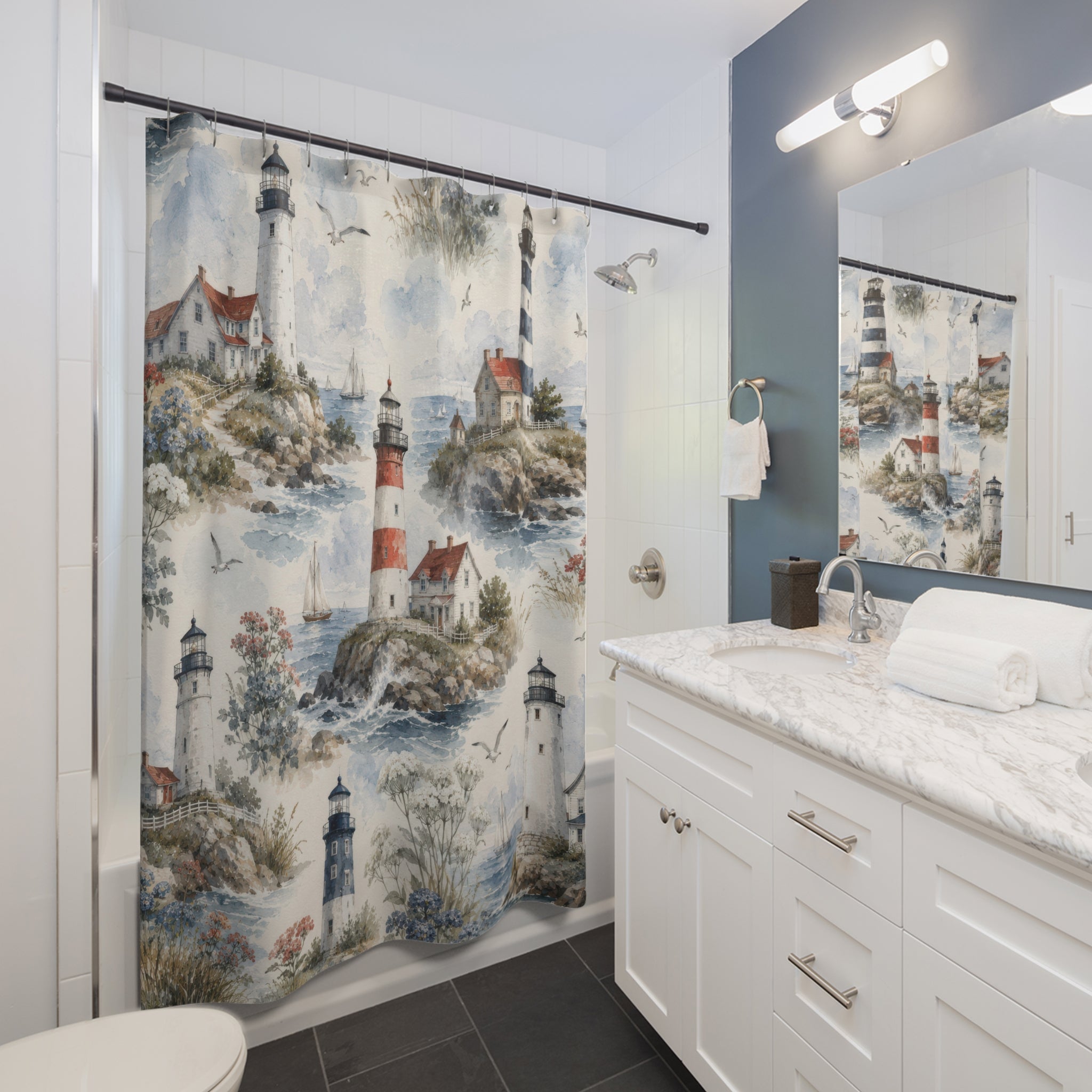 Lighthouse Shower Curtain: Coastal Watercolor