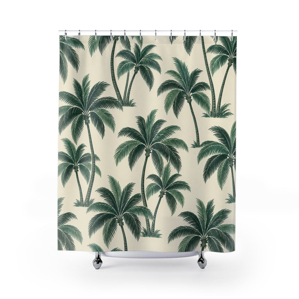 Green palm trees with curved trunks on warm cream shower curtain with full front view