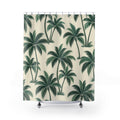 Green palm trees with curved trunks on warm cream shower curtain with full front view