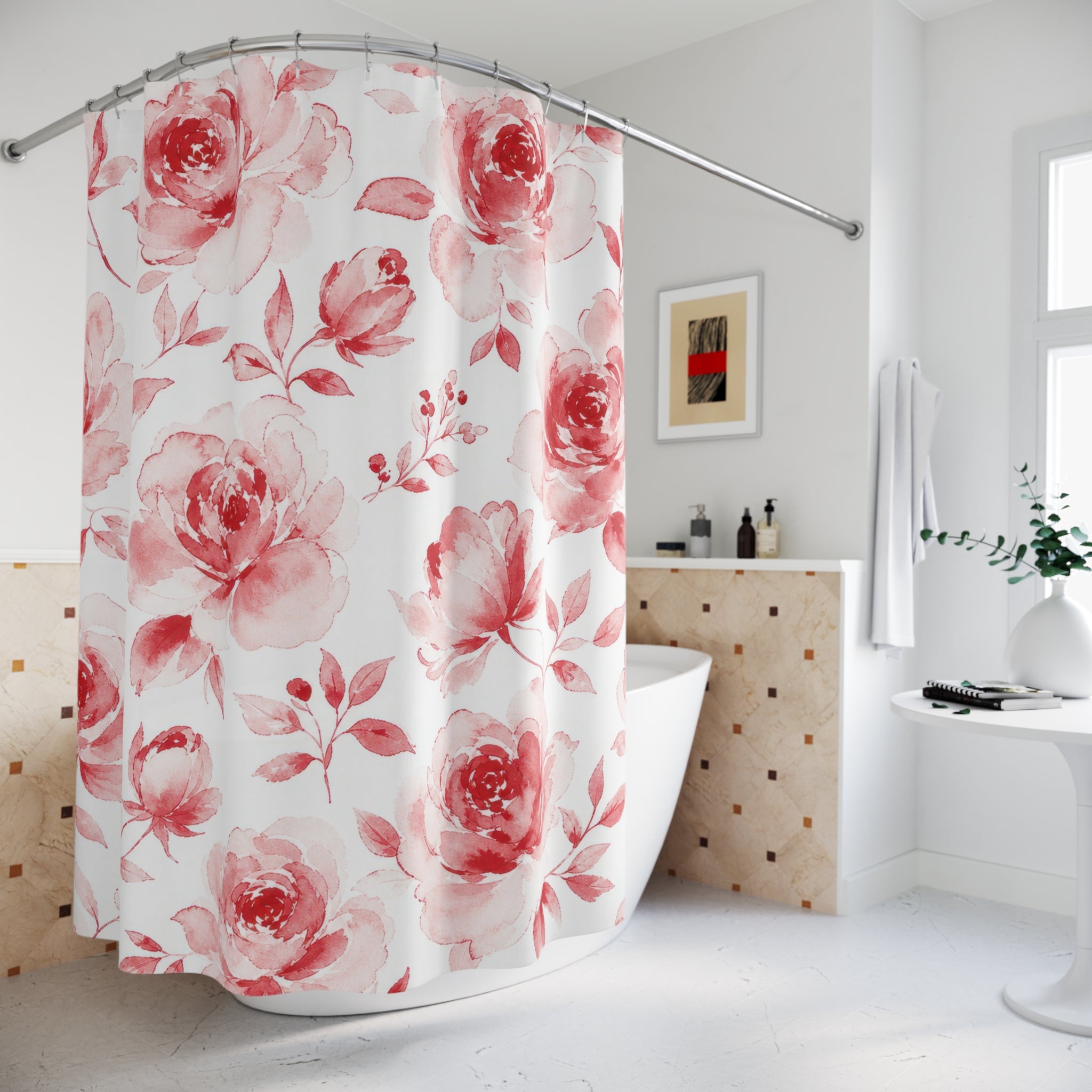 Red Watercolor Rose Shower Curtain
