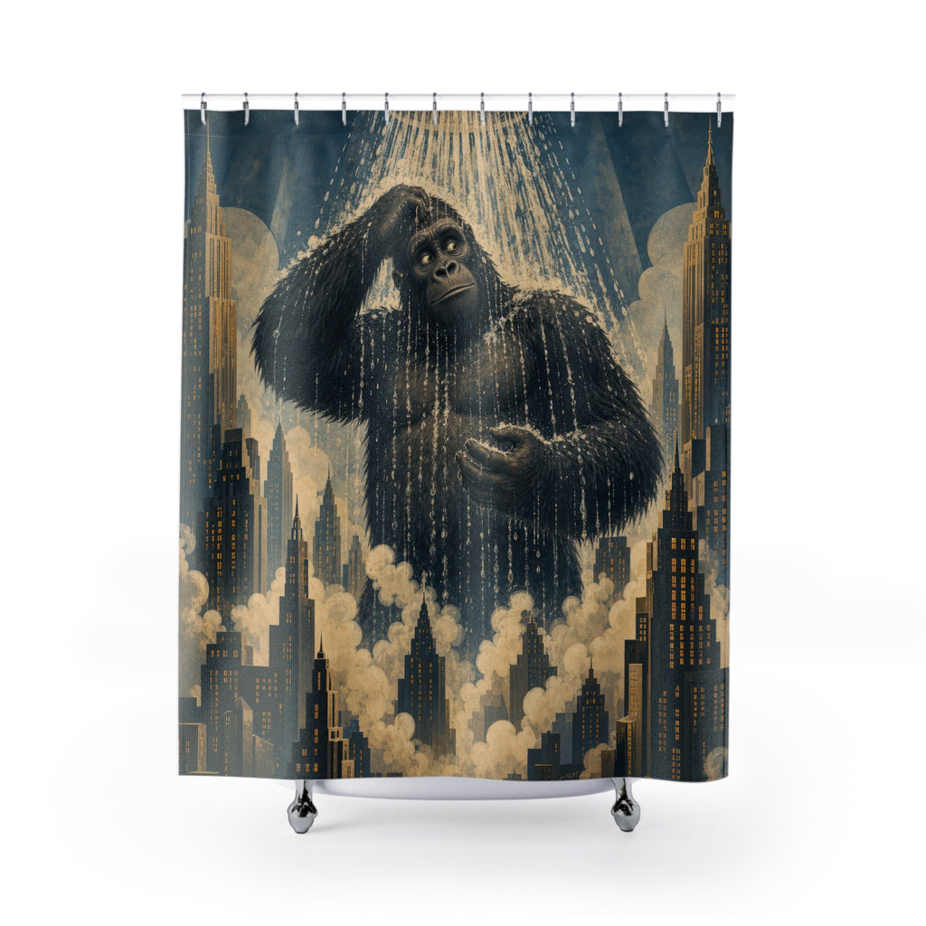 Unique Funny Gorilla Shower Curtain, Giant City Rain Bath Art, Art Deco Skyline Bathroom Humor, Surreal Guest Bath Decor Gift For Home