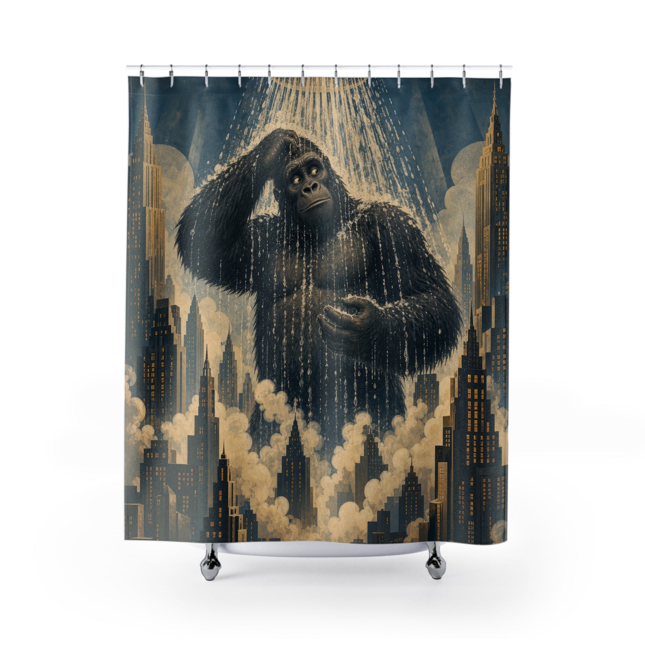 Unique Funny Gorilla Shower Curtain, Giant City Rain Bath Art, Art Deco Skyline Bathroom Humor, Surreal Guest Bath Decor Gift For Home