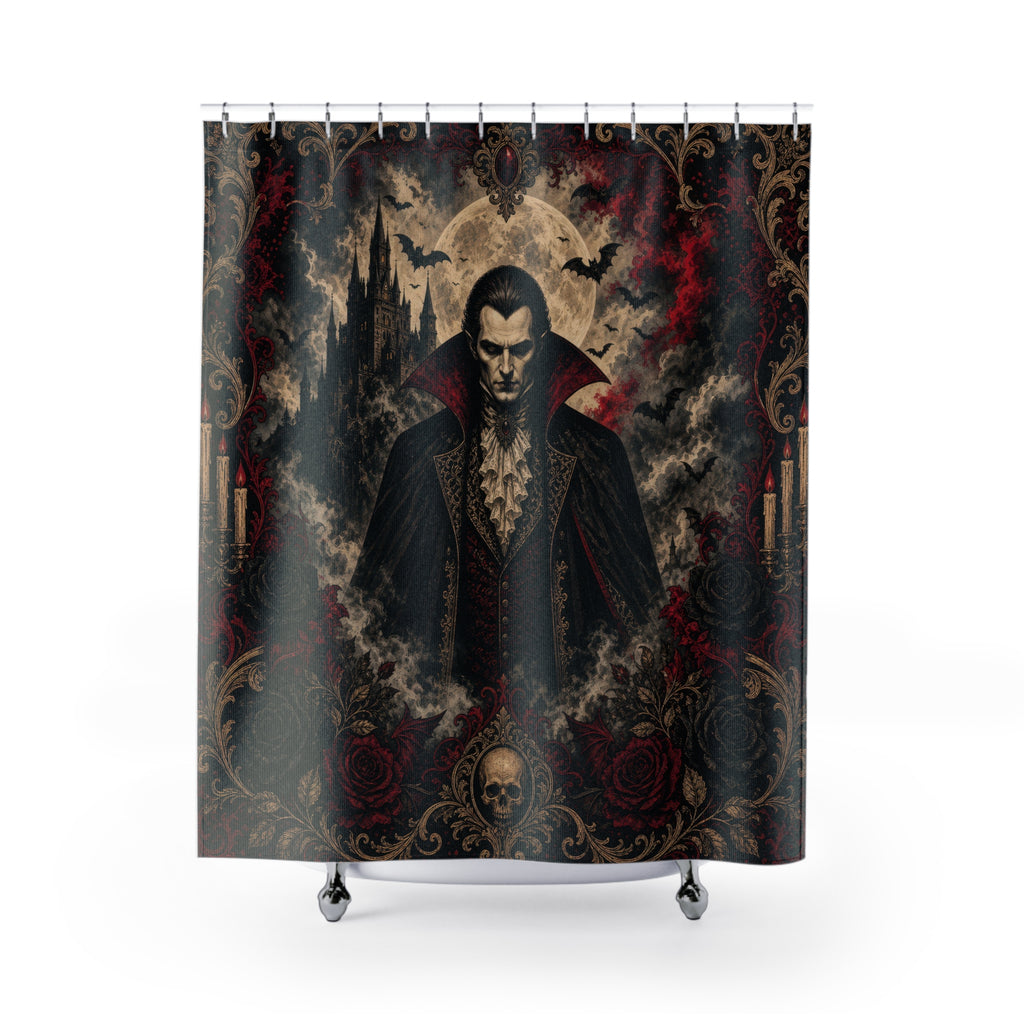 Unique Vampire Shower Curtain, Gothic Horror Portrait Art, Black Red Rose Skull Decor, Dark Spooky Guest Bath Accent, Halloween Bath
