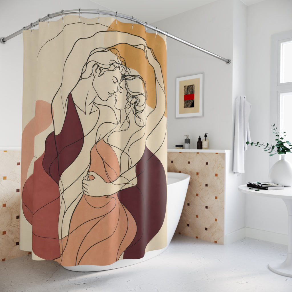 Figure Art Shower Curtain, Modern Woman Line Drawing Pattern, Burgundy Rust Bathroom Decor, Abstract Guest Bath Warm Art Style
