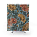 Ochre and coral chrysanthemums on powder blue shower curtain with full front view