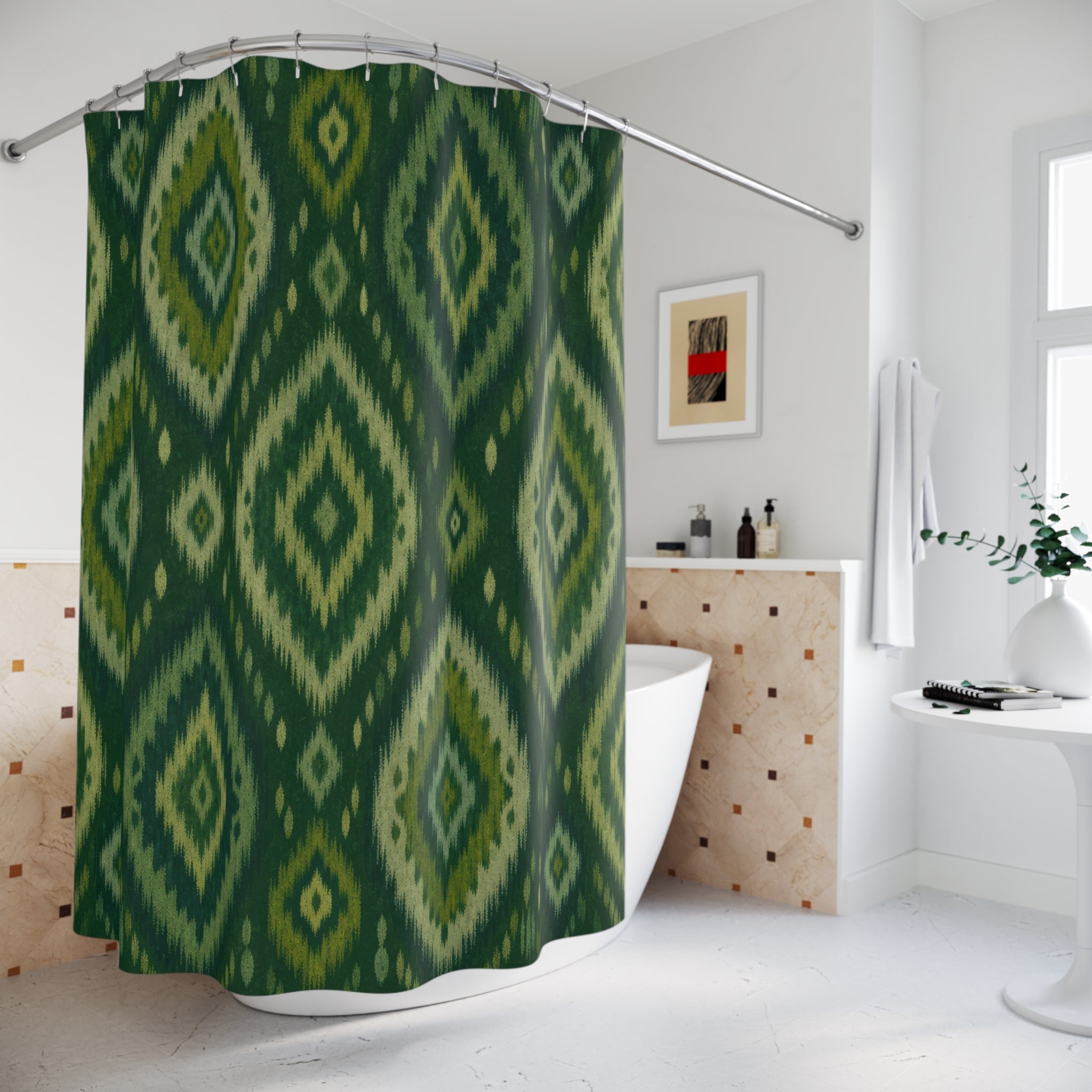 Green Boho Shower Curtain, Dark Ikat Diamond Bath Decor, Olive Geometric Pattern, Bohemian Guest Bathroom Decor, Earthy Style