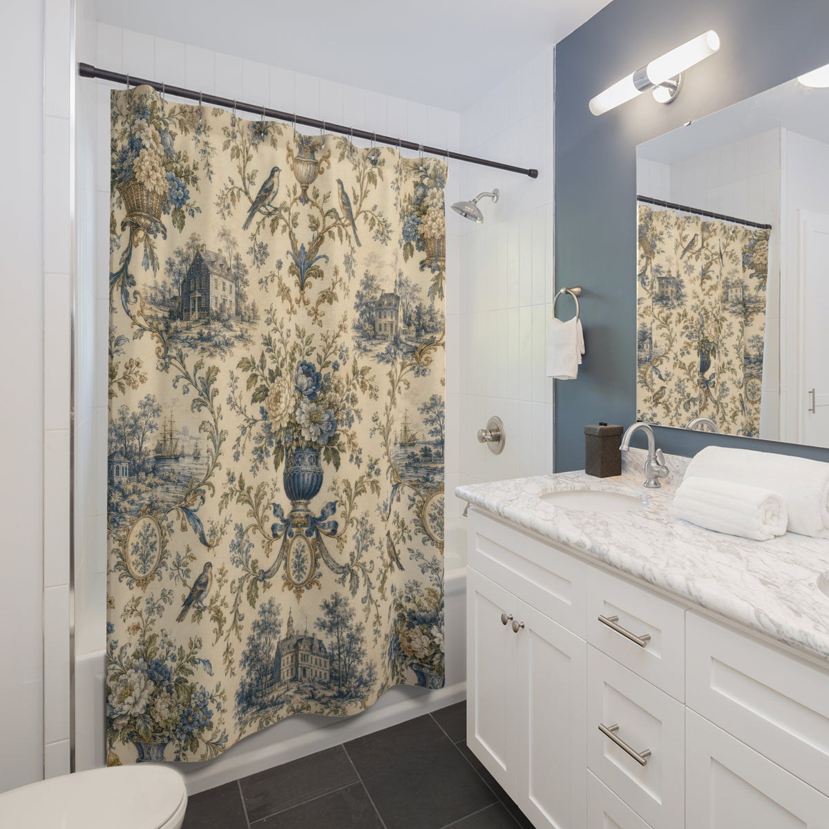 Colonial Toile Shower Curtain: Blue French Country
