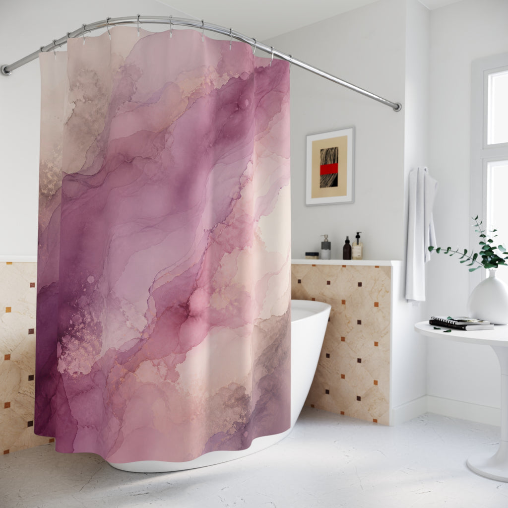 Mauve watercolor pigment currents with dusty rose blooms shower curtain beside a freestanding tub