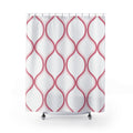 Rose ogee trellis with blush outlines on white shower curtain with full front view