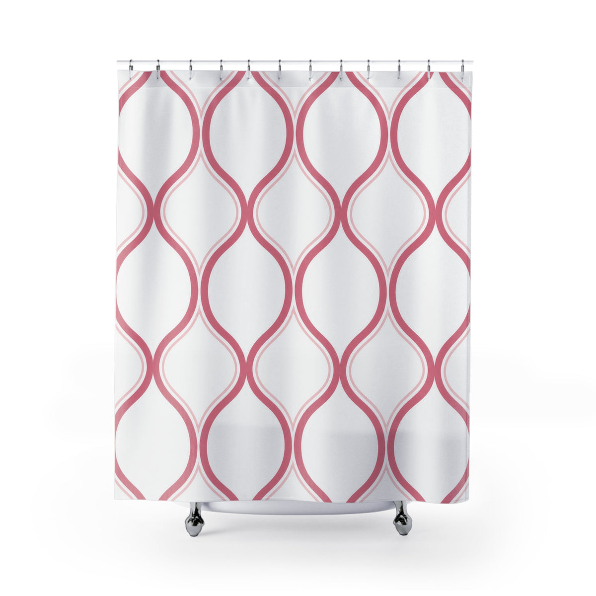 Rose ogee trellis with blush outlines on white shower curtain with full front view