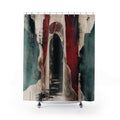 Abstract Shower Curtain, Dark Archway Art, Red Black Teal Bathroom Decor, Gothic Doorway Mood, Modern Guest Bath, Moody Wall Art Style