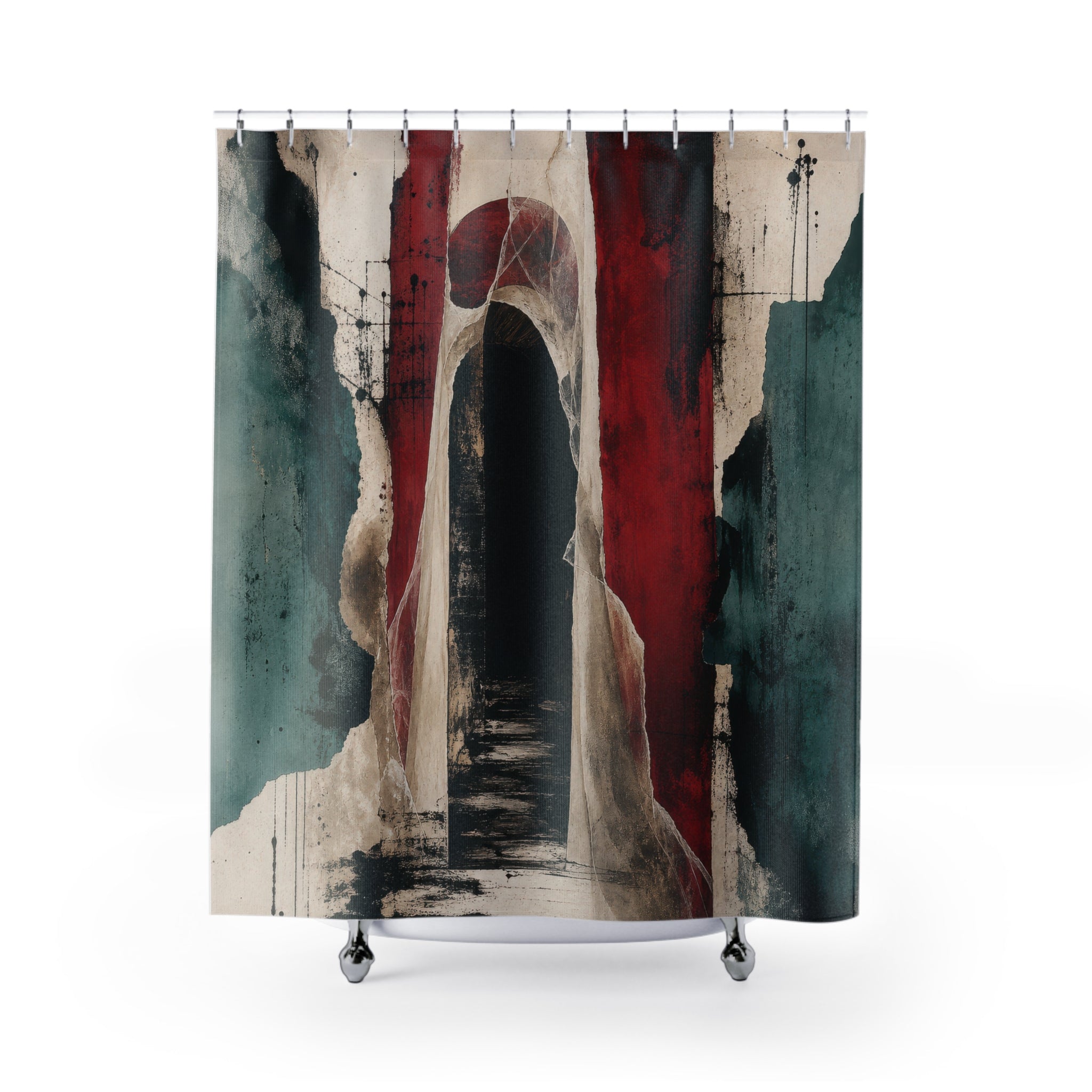 Abstract Shower Curtain, Dark Archway Art, Red Black Teal Bathroom Decor, Gothic Doorway Mood, Modern Guest Bath, Moody Wall Art Style