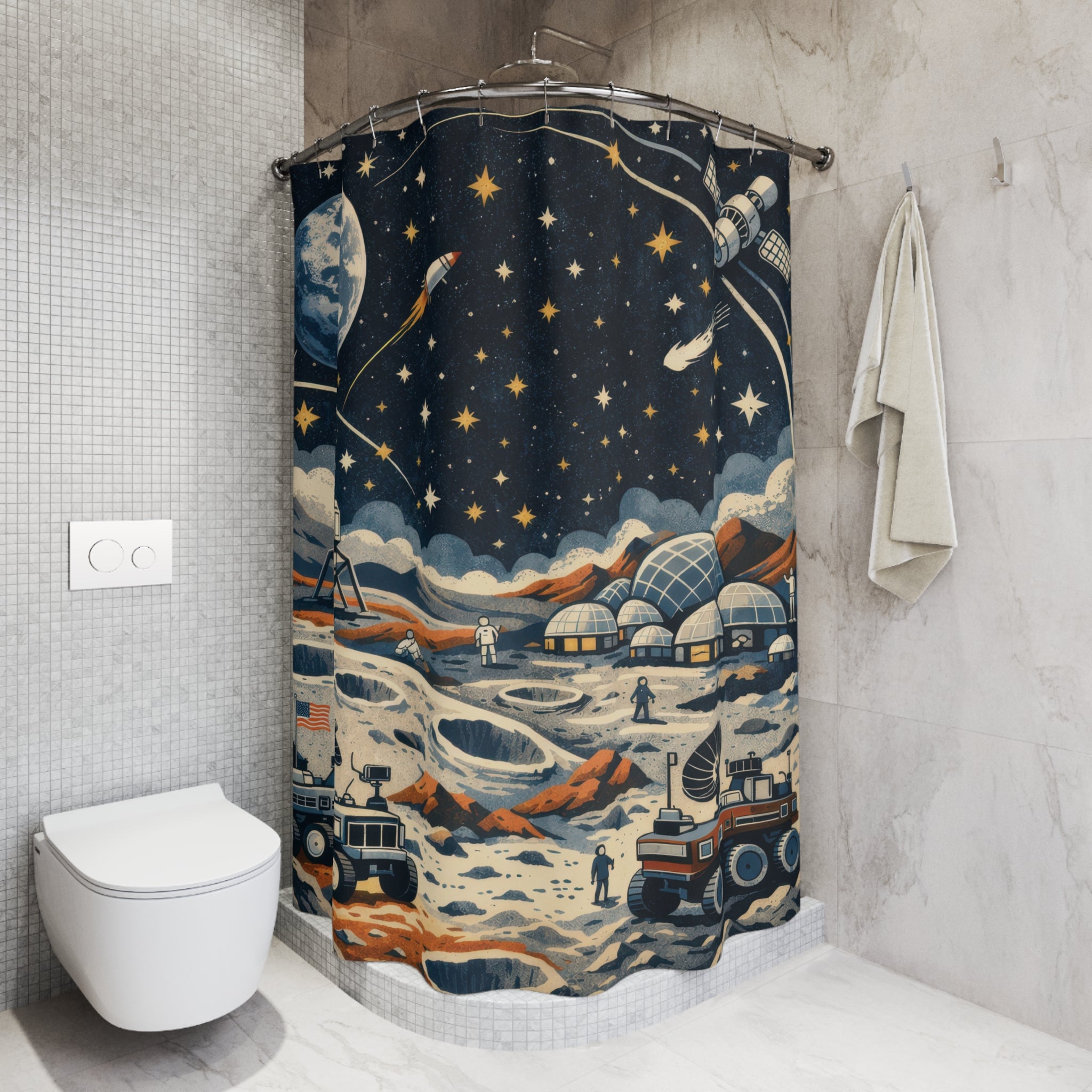 Kids Moon Shower Curtain – Navy Rover Adventure