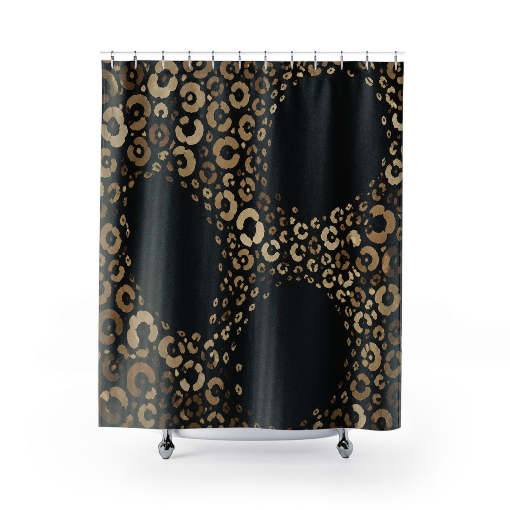 Champagne cheetah print around black portals shower curtain with full front view