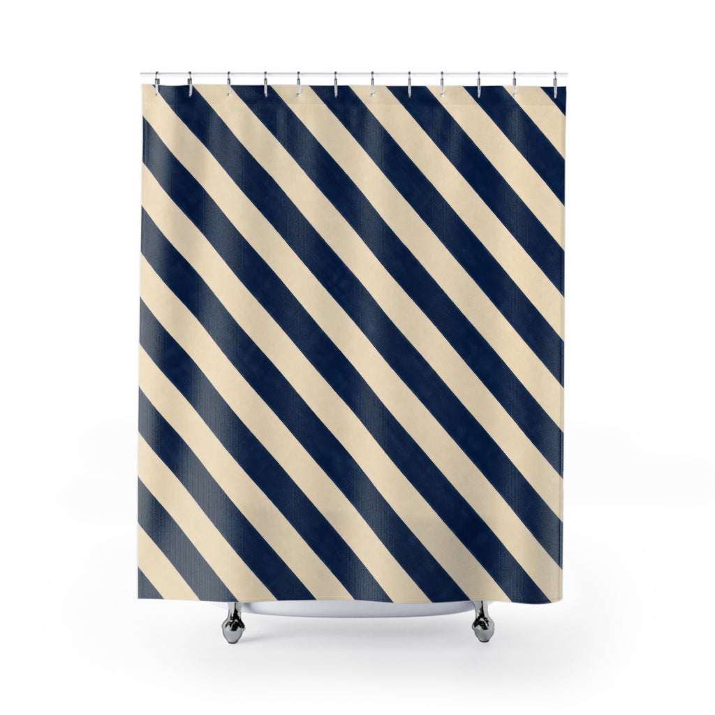Navy Blue Cream Diagonal Stripe Shower Curtain
