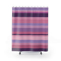 Horizontal stripes in dusty rose pink, lavender and plum shower curtain with full front view