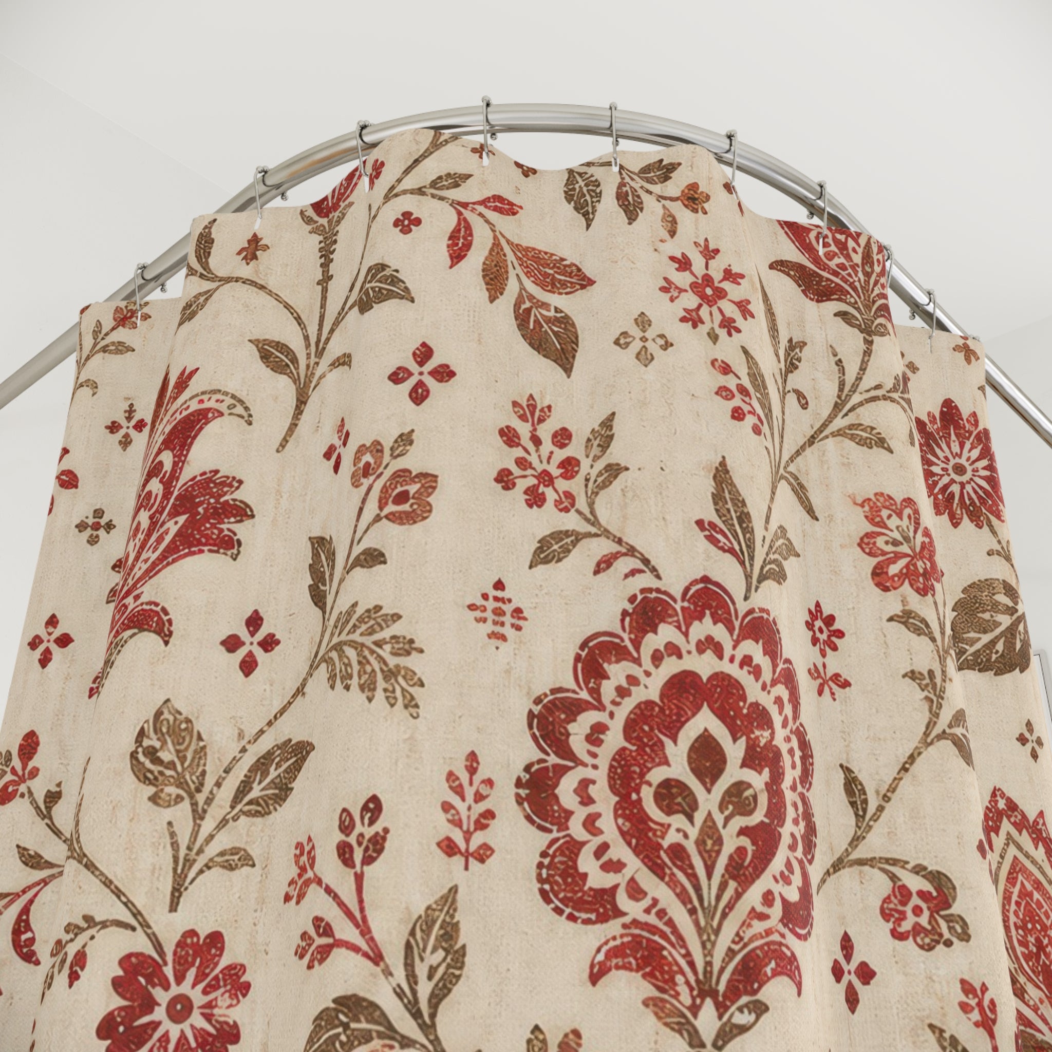 Beige Red Vintage Flower Floral Shower Curtain
