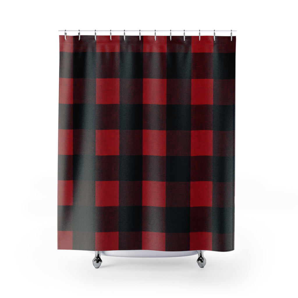 Buffalo Check Shower Curtain, Red Black Plaid Pattern, Rustic Farmhouse Bathroom Decor, Lodge Guest Bath Country Cabin Style