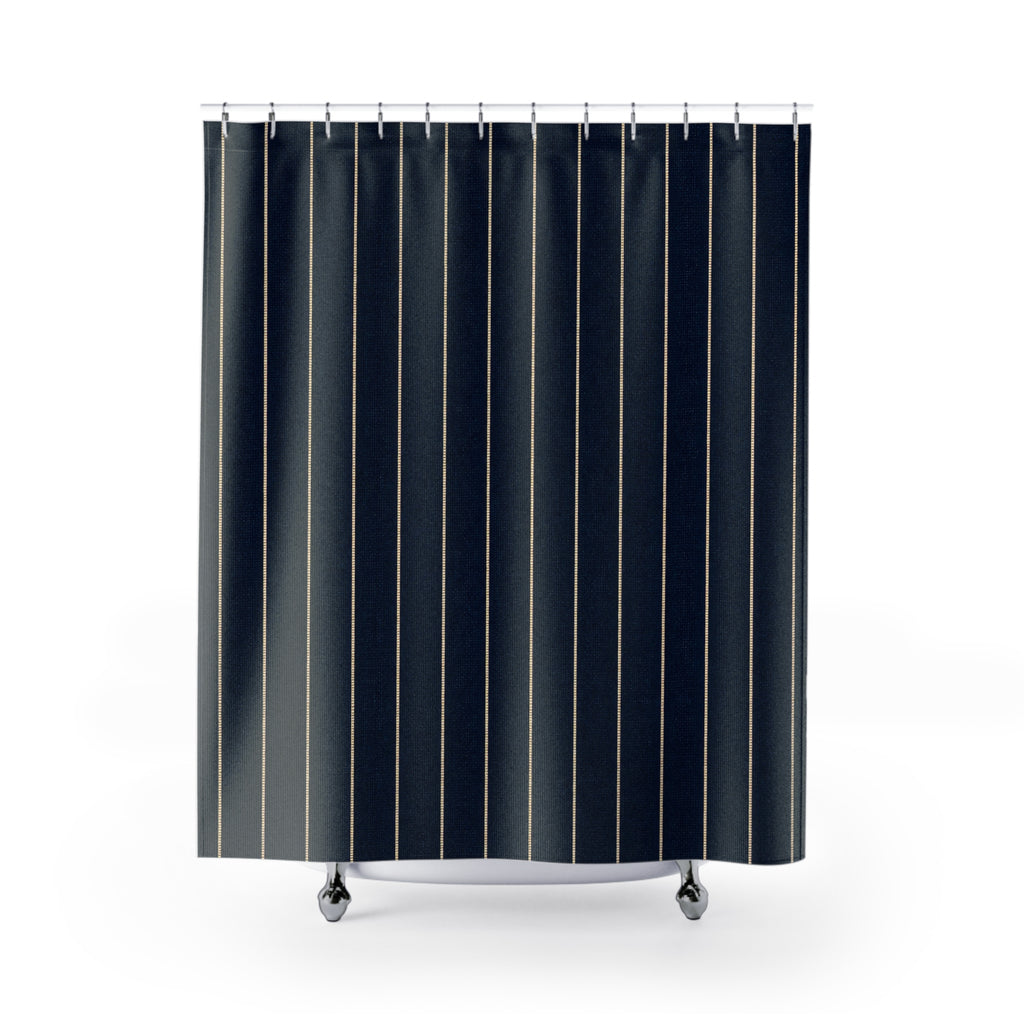 Dark Navy Blue Tan Pinstripe Shower Curtain
