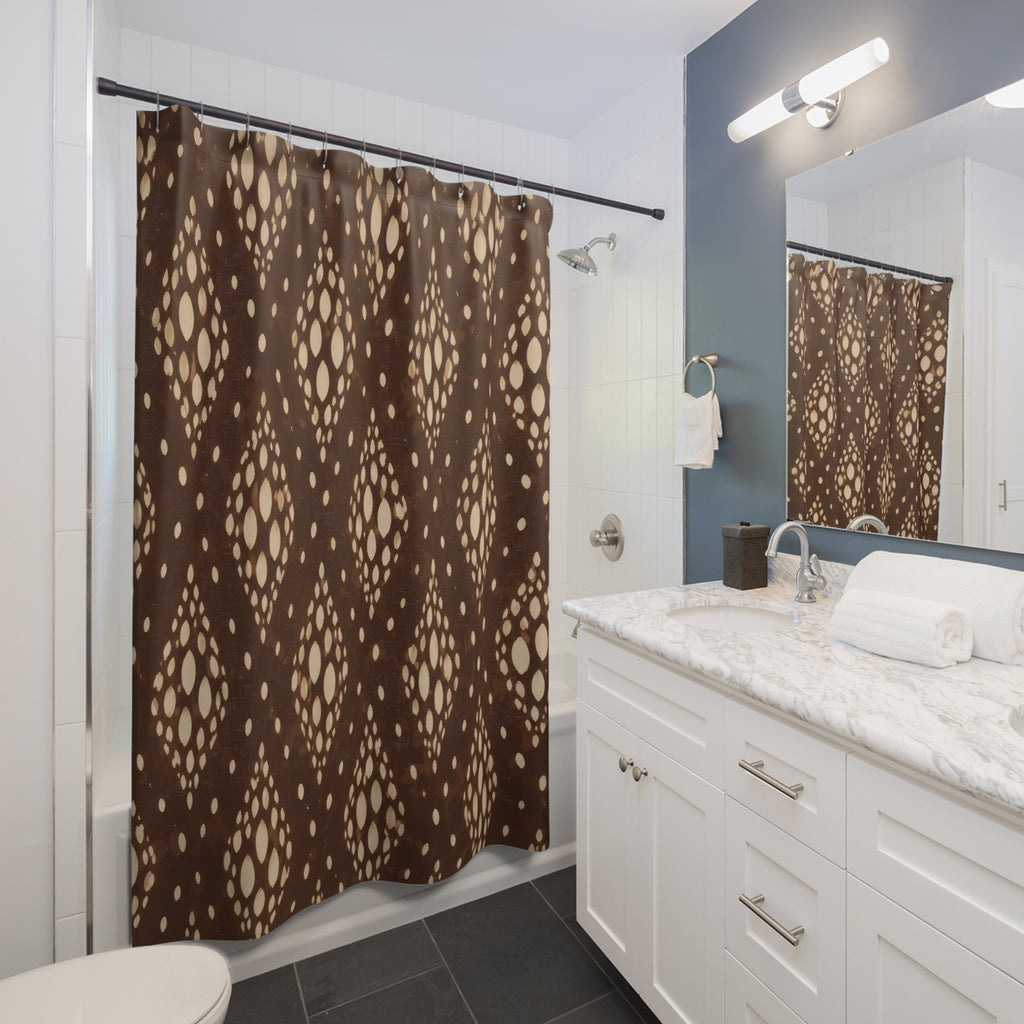 Cream fawn spot medallions over deep coffee brown shower curtain beside a white vanity