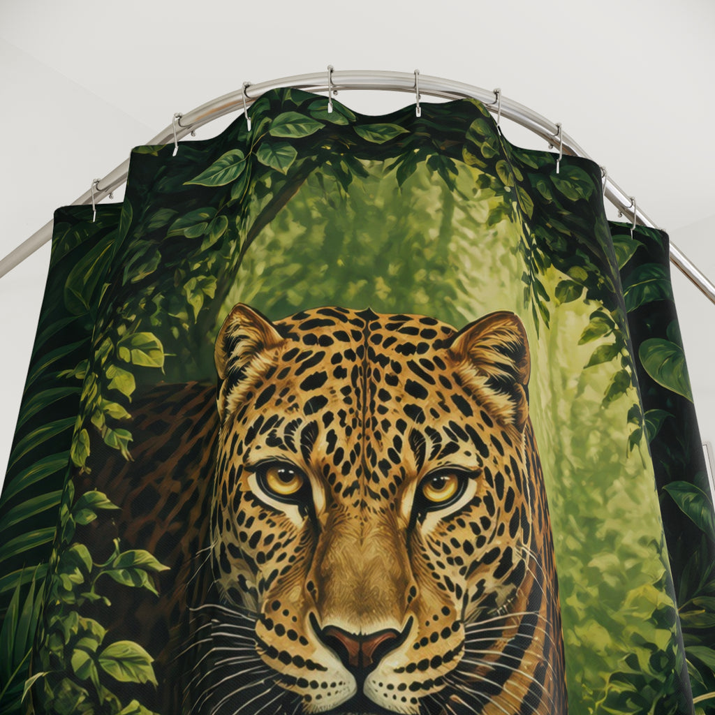Emerald rainforest leopard portrait shower curtain with close-up print, hooks, and folds