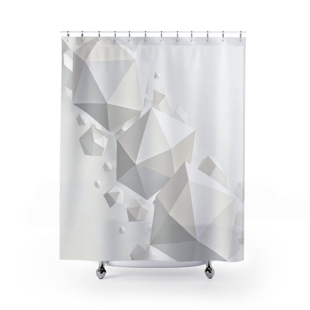Floating white polyhedra cascading across a pale mist-gray field shower curtain with full front view